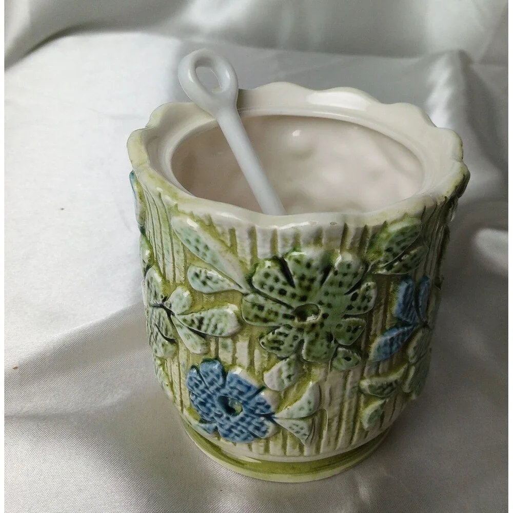 Inarco Vintage Cream and Covered Sugar Bowl Blue and Green Raised Daises